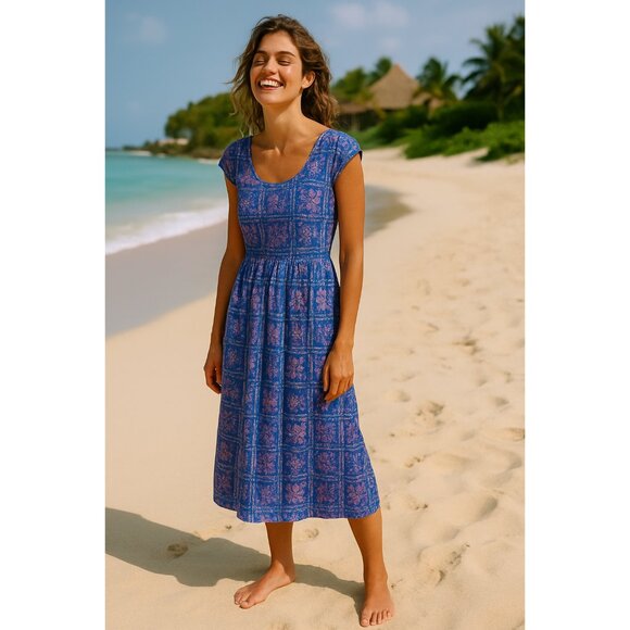 Vintage Reyn Spooner Hawaiian Dress Blue Pink Floral Cotton Midi Summer Resort - Picture 1 of 4
